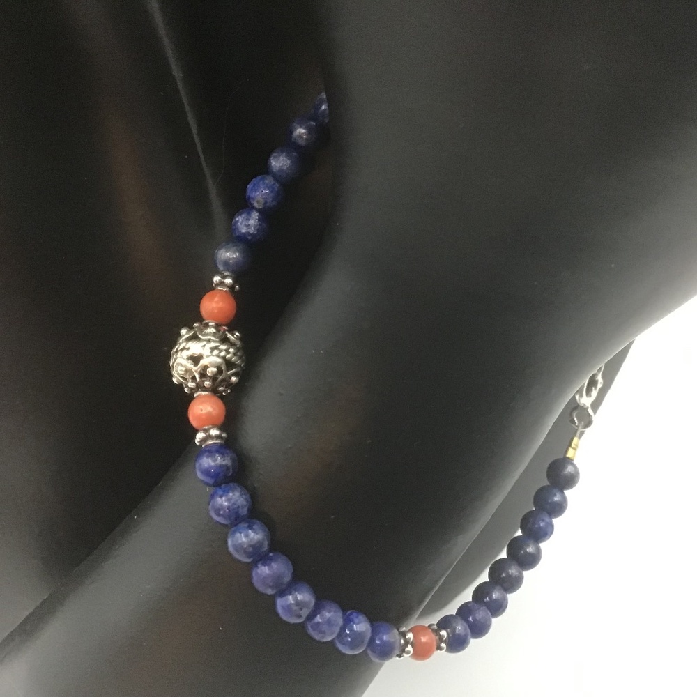 Lapis Lazuli Beads Bracelet with Coral and 925 Charms and Spring clasp